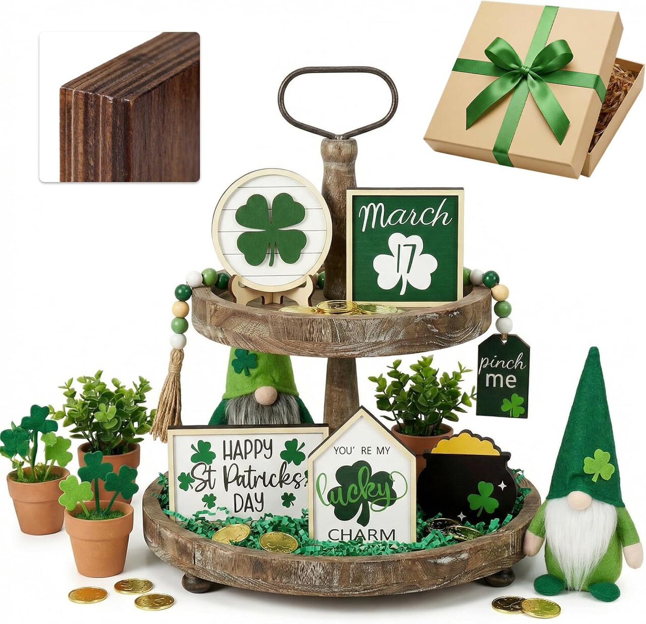 St. Patrick’s Party Supplies: 7-Piece Tiered Tray Decor Set – Freestanding Wood Signs & Bead Garland for Lucky Shamrock Irish Table Centerpiece